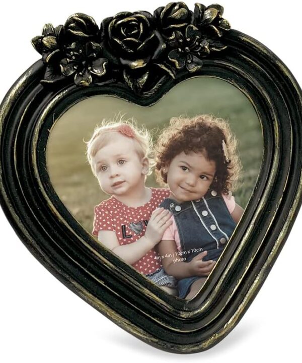 Isaac Jacobs 4x4 Heart-Shaped Resin Picture Frame with Rose Design, Decorative Photo Frame, Tabletop & Wall Display, Hanging Display & Home Décor (Black With Gold)