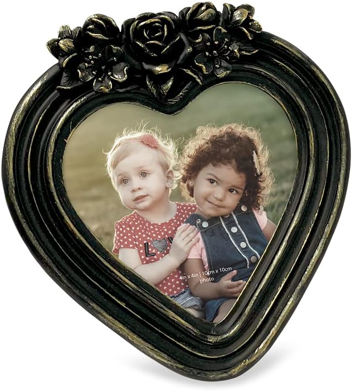 Isaac Jacobs 4x4 Heart-Shaped Resin Picture Frame with Rose Design, Decorative Photo Frame, Tabletop & Wall Display, Hanging Display & Home Décor (Black With Gold)