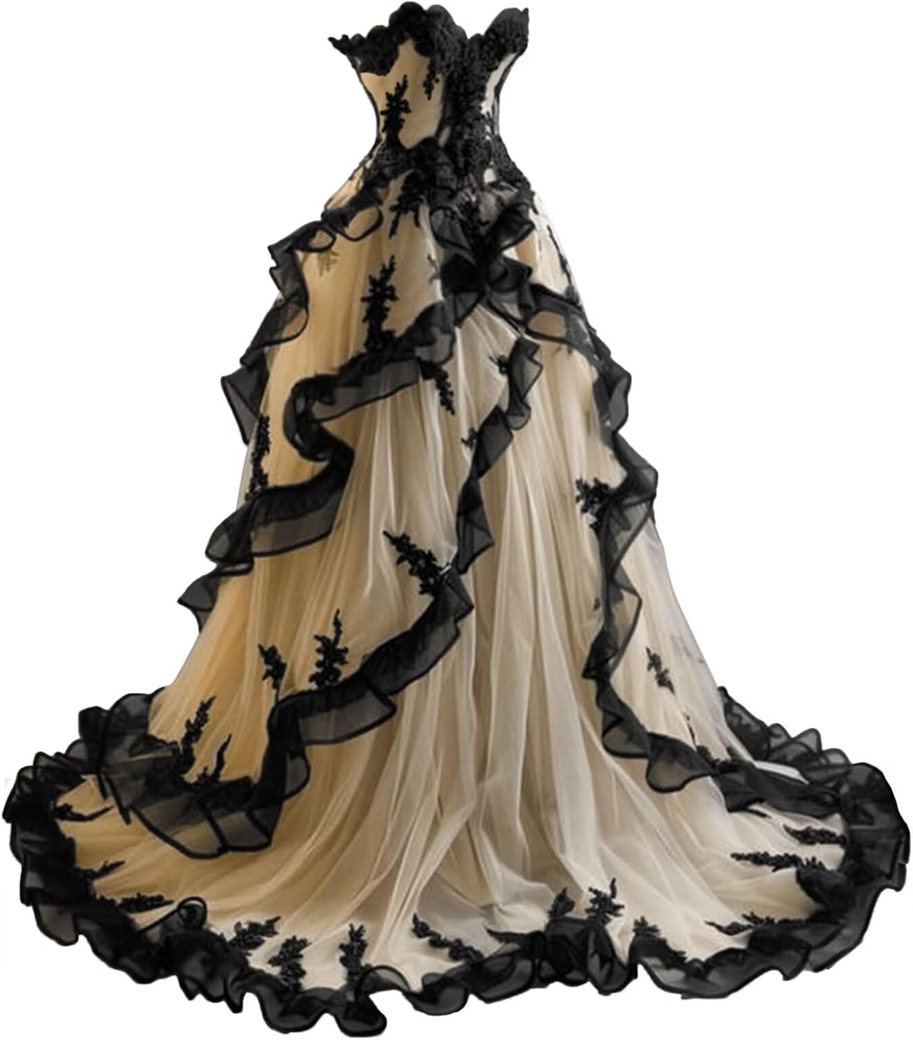 Mouccy Gothic Black Lace Wedding Dresses for Bride Strapless Tulle Bridal Gowns with Train A-line Wedding Gown with Ruffles