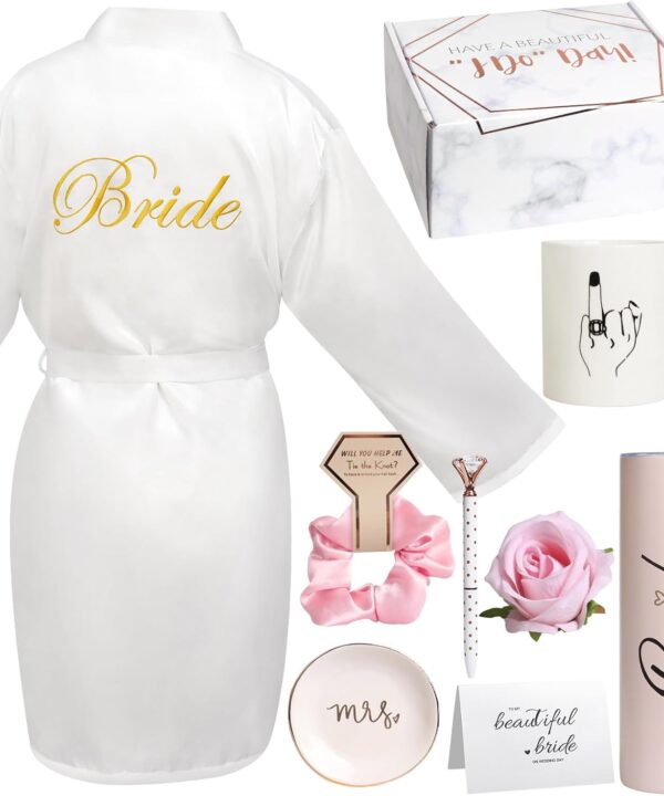 8Pcs Bridal Shower Gift, Bride to Be Gifts, Bridal Shower Gifts for Bride to Be, Gift Box Sets Bridal Silk Robes Tumbler Cup Mug Jewelry Tray, Wedding Engagement Gift for her(M)