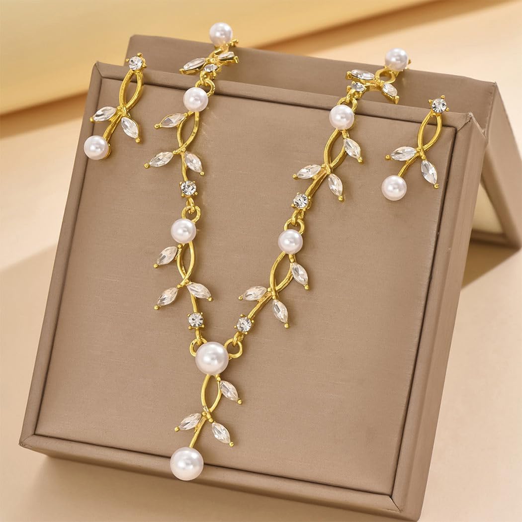 Unicra Gold Pearl Necklace Earrings Sets Rhinestone Bridal Wedding Jewelry Set Formal Prom Costume Jewelry Sets for Women and Brides