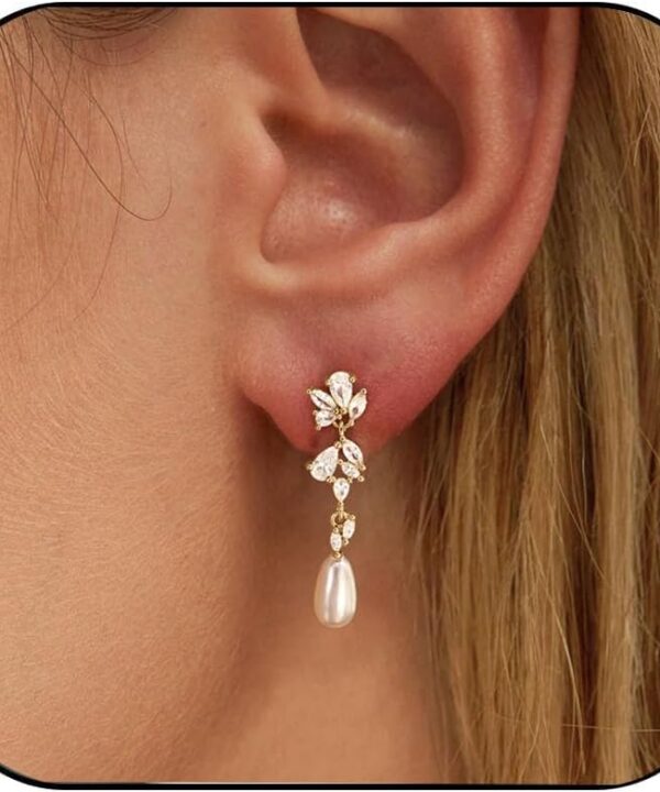 Gold Earrings for Women,14k Gold Plated Pearl Drop Earring Dainty Gold Bridal Prom Earrings Small Cute Stud Earring Wedding Dangle Earrings for Women Trendy Prom Bride Jewelry Gifts