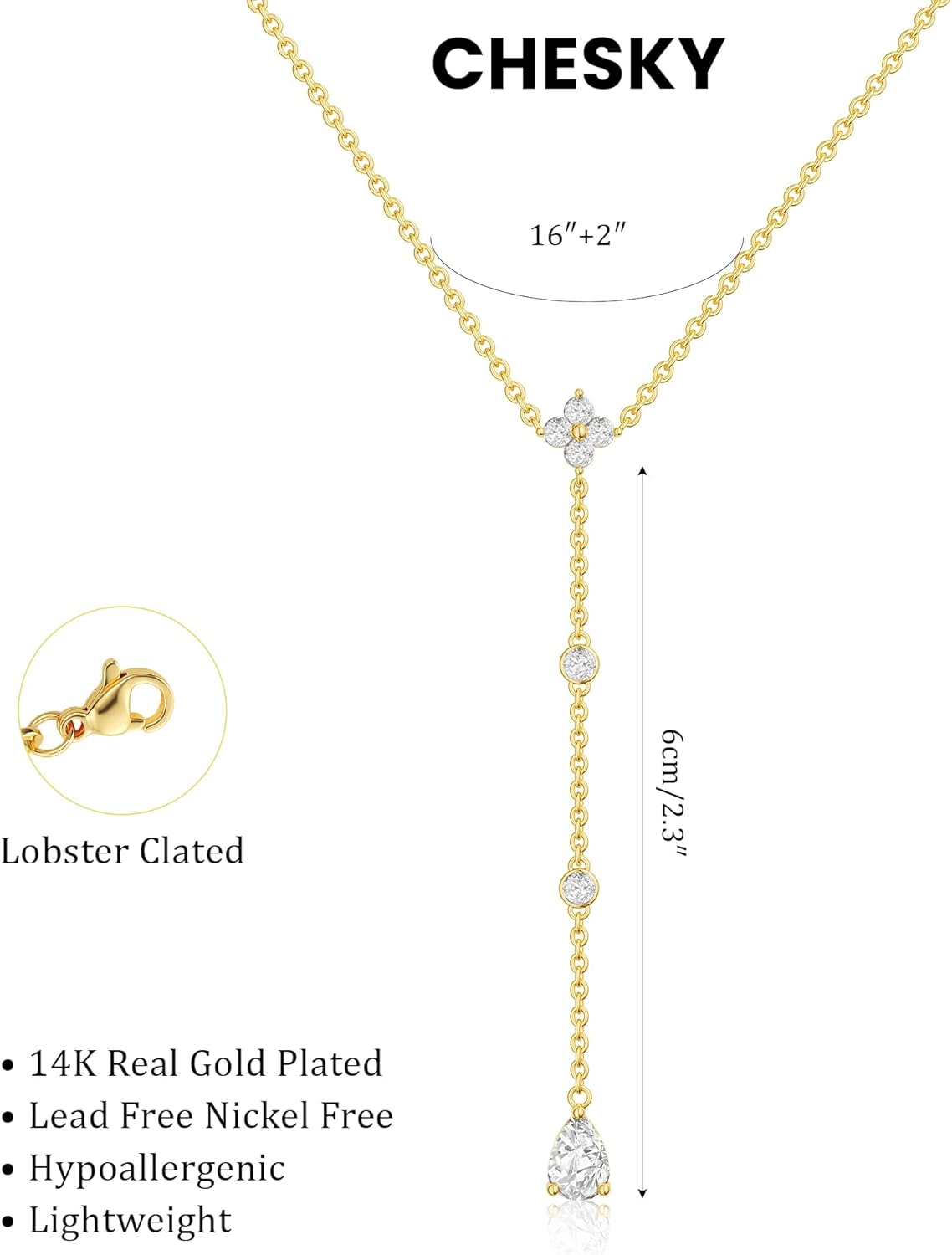 CHESKY Lariat Gold Necklace for Women Trendy, Dainty Long Necklace 14k Gold Plated/Silver Y-Shaped Pendant Necklace Layered CZ Beaded Chain Drop Necklaces Simple Gold Jewelry for Women Gifts