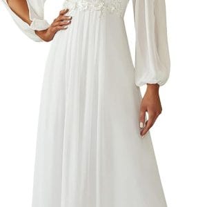 Ever-Pretty Women's V Neck Long Lantern Sleeves Floor Length Ruched Chiffon A-Line Formal Evening Dress 00461