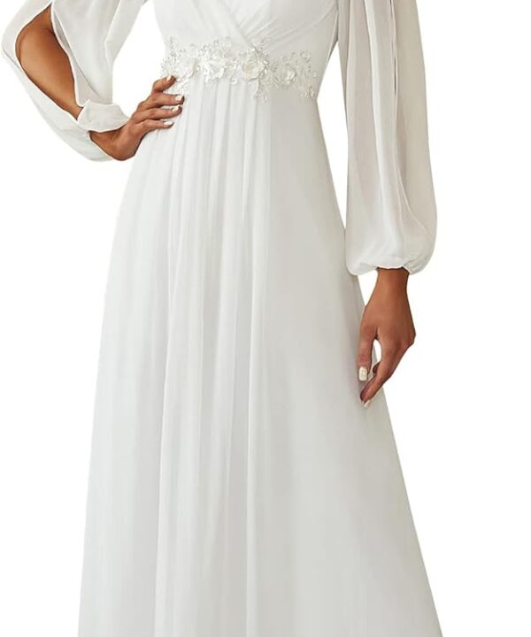 Ever-Pretty Women's V Neck Long Lantern Sleeves Floor Length Ruched Chiffon A-Line Formal Evening Dress 00461