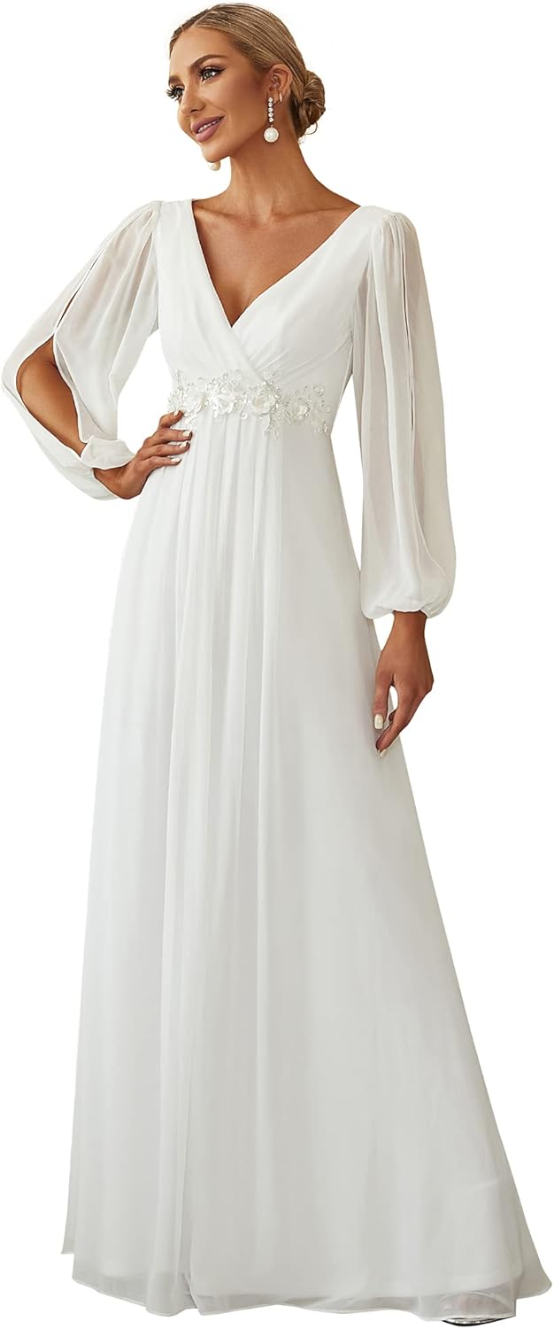 Ever-Pretty Women's V Neck Long Lantern Sleeves Floor Length Ruched Chiffon A-Line Formal Evening Dress 00461