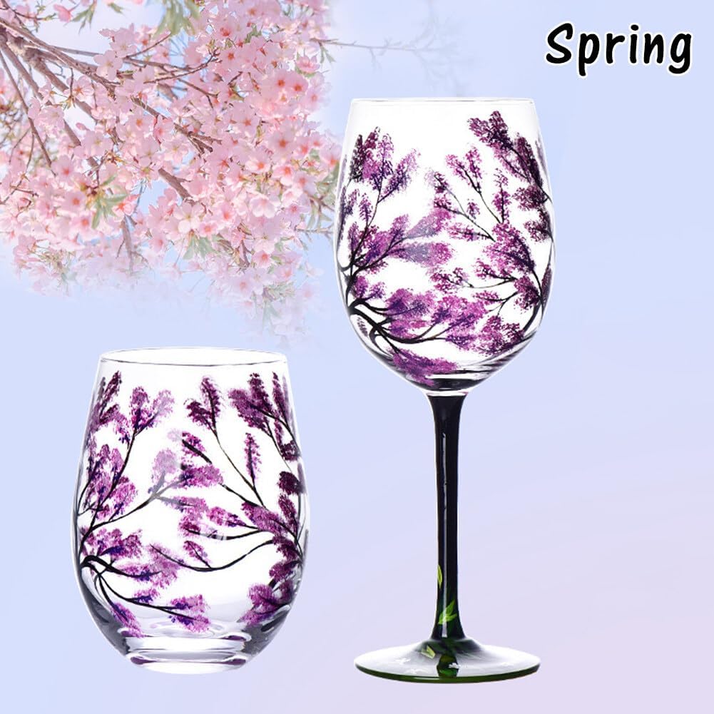 Grehge and Painted Wine Glass Four Seasons Tree Wine Glasses Fall Leaves Flower Seasons Colored Wine Glasses for Wine Cocktails Novelty Gift for Birthdays Weddings(Stemless glass)