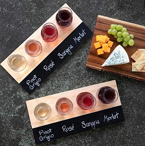 Wine Tasting Flight Sampler Boards (2Pk)- Set Includes Eight 6 oz Decanter Glasses & 2 Wood Chalkboards – Great for Charcuterie Boards, Wine Taste Testing, Date Nights – Holiday Xmas Gift Must Have