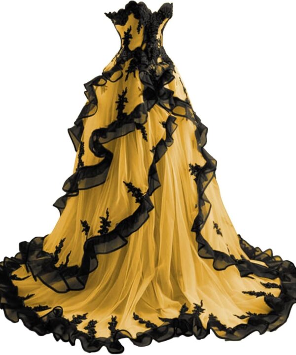 Mouccy Gothic Black Lace Wedding Dresses for Bride Strapless Tulle Bridal Gowns with Train A-line Wedding Gown with Ruffles