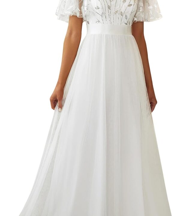 Ever-Pretty Women's Elegant Crew Neck Sequin Ruffle Sleeve Empire Waist A-Line Long Formal Evening Dresses