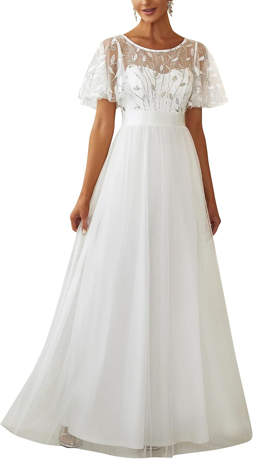 Ever-Pretty Women's Elegant Crew Neck Sequin Ruffle Sleeve Empire Waist A-Line Long Formal Evening Dresses