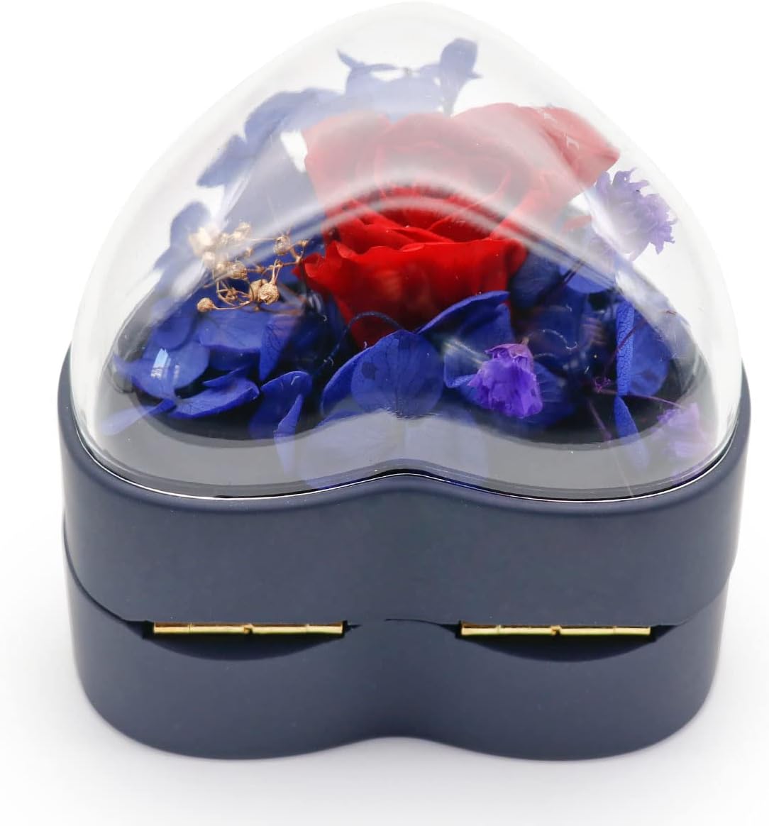 Preserved Flower Rose Pendant Box, Heart Shape Velvet Jewelry Box for Valentines Day Mothers Day Wedding Anniversary Birthday Gift, Dark Blue