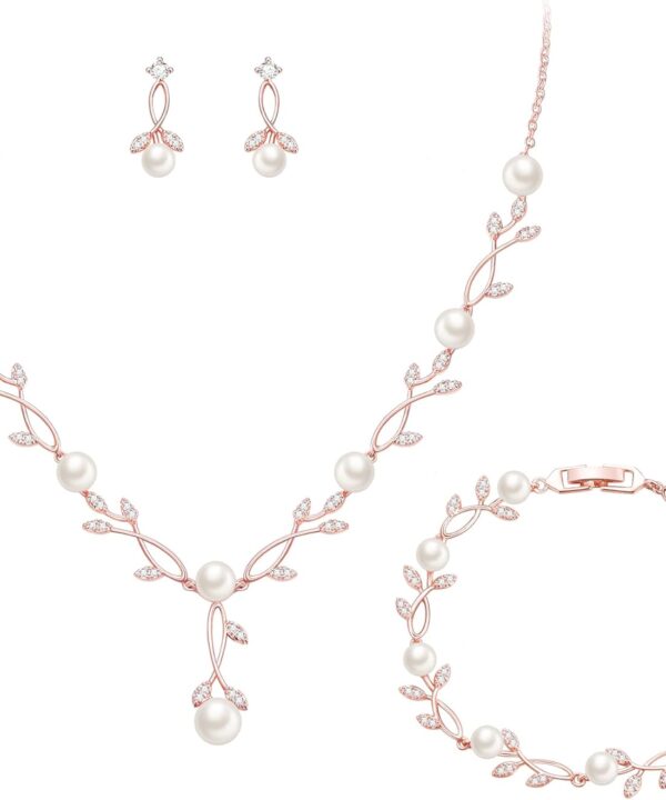 Crysdue Wedding Jewelry Set for Brides Bridesmaid Women, Stunnig Cubic Zirconia Teardrop Marquise Leaf Cluster Pendant Necklace Bridal Tennis Bracelet Drop Earrings for Party Prom