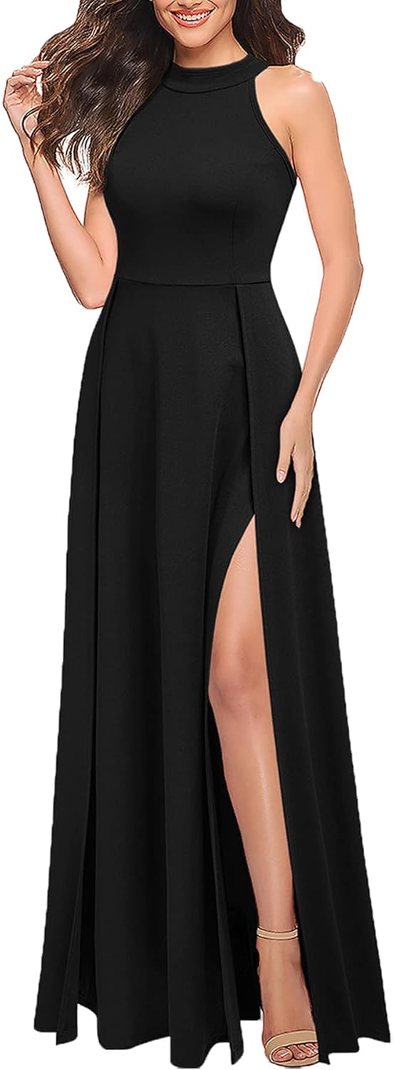 MUSHARE Women’s Halter Neck Sexy Split Cocktail Party Maxi Long Formal Dress