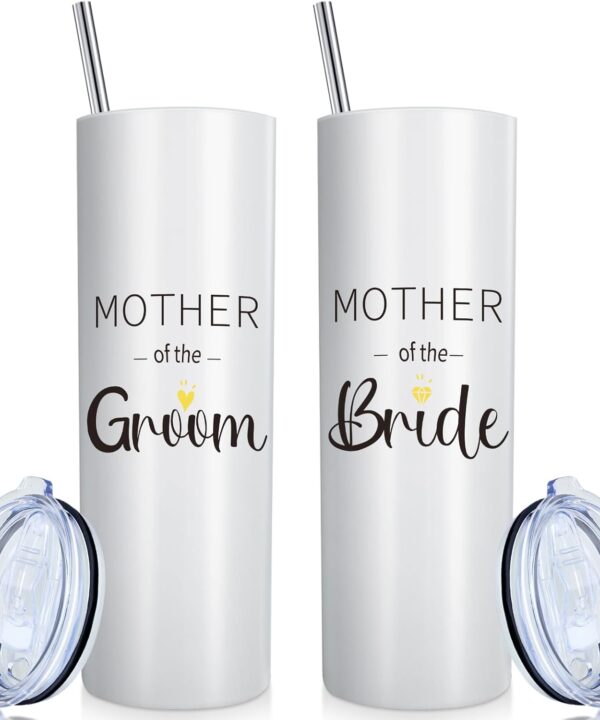 Cunhill 2 Pieces Mother of the Groom Mother of the Bride Mug Tumblers Wedding Gift for Engagement Announcement Party Insulated Tumbler Stainless Steel with Lid Straw Brush (White,Straight Style)