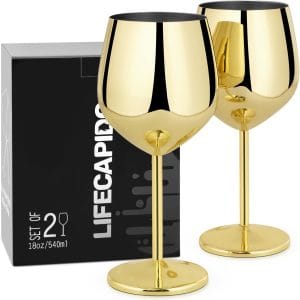 Lifecapido Stainless Steel Wine Glasses Set of 2, 18oz Stainless Steel Wine Goblets, Stemmed Metal Wine Glasses with Cup Brush for Party Office Wedding Anniversary, Great for Red White Wine (Gold)