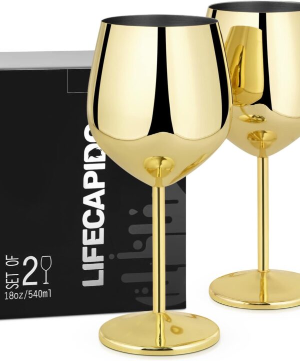 Lifecapido Stainless Steel Wine Glasses Set of 2, 18oz Stainless Steel Wine Goblets, Stemmed Metal Wine Glasses with Cup Brush for Party Office Wedding Anniversary, Great for Red White Wine (Gold)