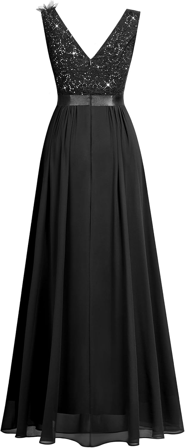 Miusol Womens Vintage V-Neck Sleeveless Sequined Split Formal Evening Maxi Dress