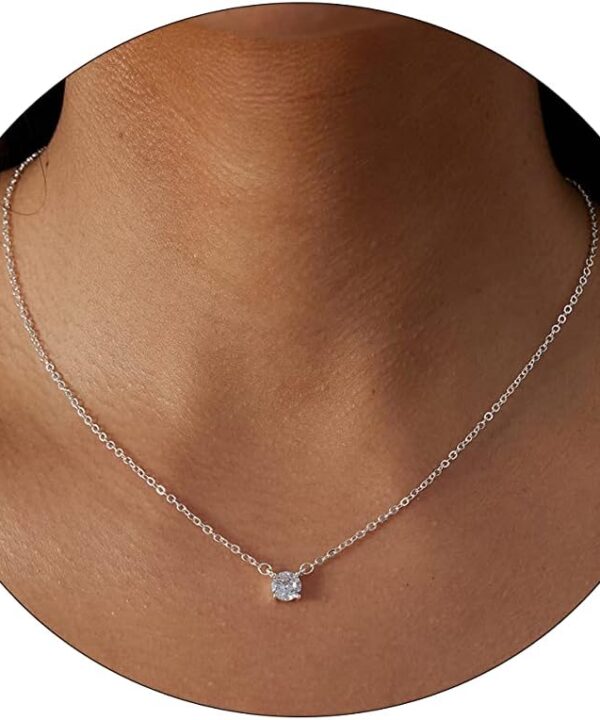 ASCOMY Dainty CZ Diamond Solitaire Pendant Necklaces for Women 14K Gold Plated Single Round Cubic Zirconia Square Simulated Diamond Choker Necklace Bride Bridesmaid Weeding Jewelry Gifts