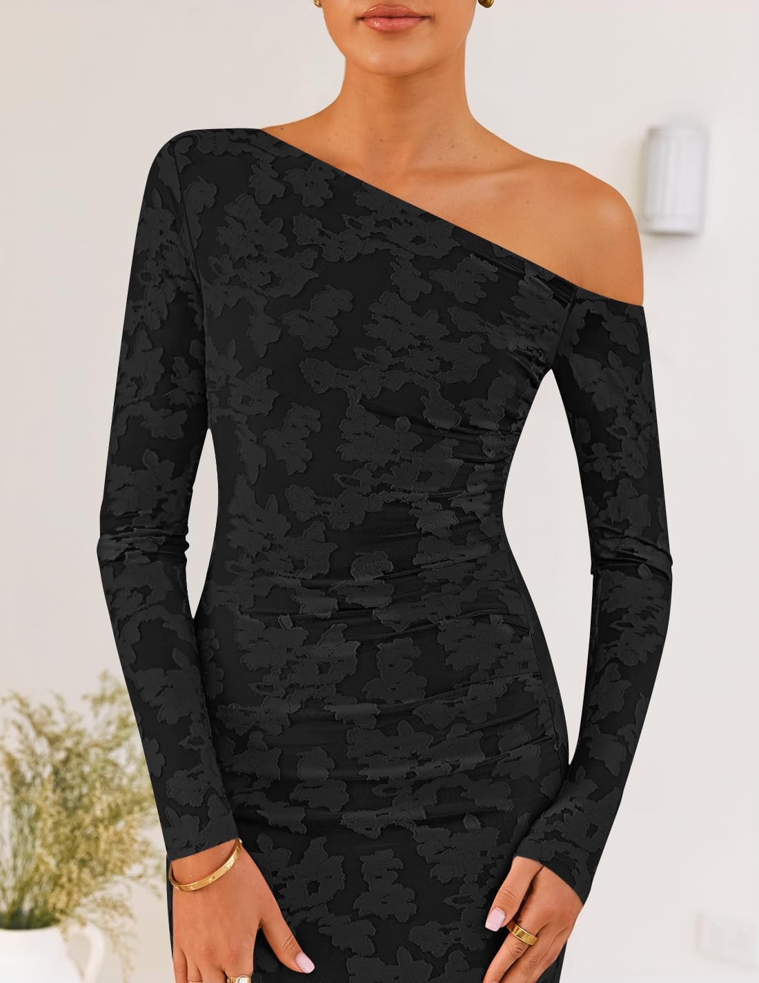 ZESICA Women’s Fall Floral Off Shoulder Bodycon Maxi Dresses 2025 Long Sleeve Ruched Elegant Cocktail Party Dress