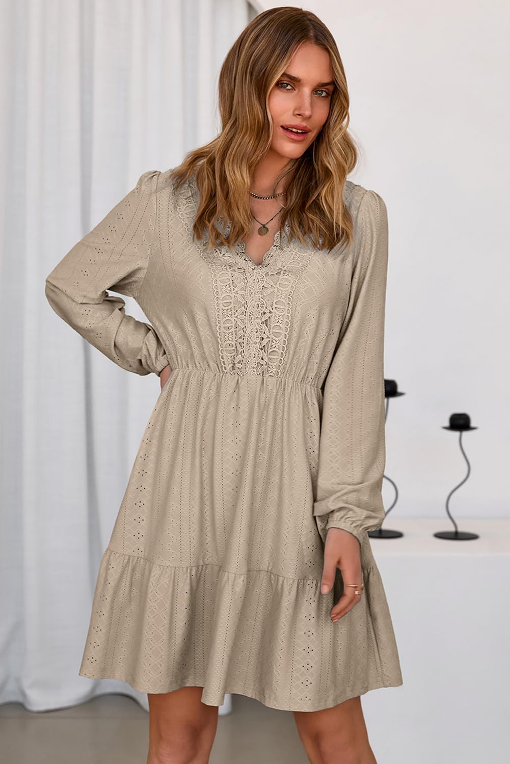 Dokotoo Fall Dresses for Women 2025 Elegant Lace Hollow Out Embroidered V Neck Long Sleeve Casual A-Line Swing Mini Dress