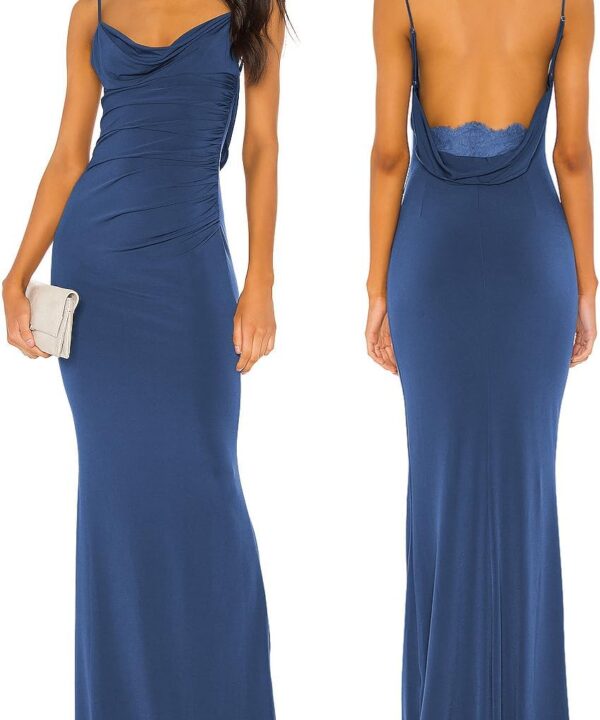 Aigeman Women Spaghetti Straps Mermaid Evening Gown Wedding Guest Dress Drape Neck Lace Backless Formal Maxi Dress 21