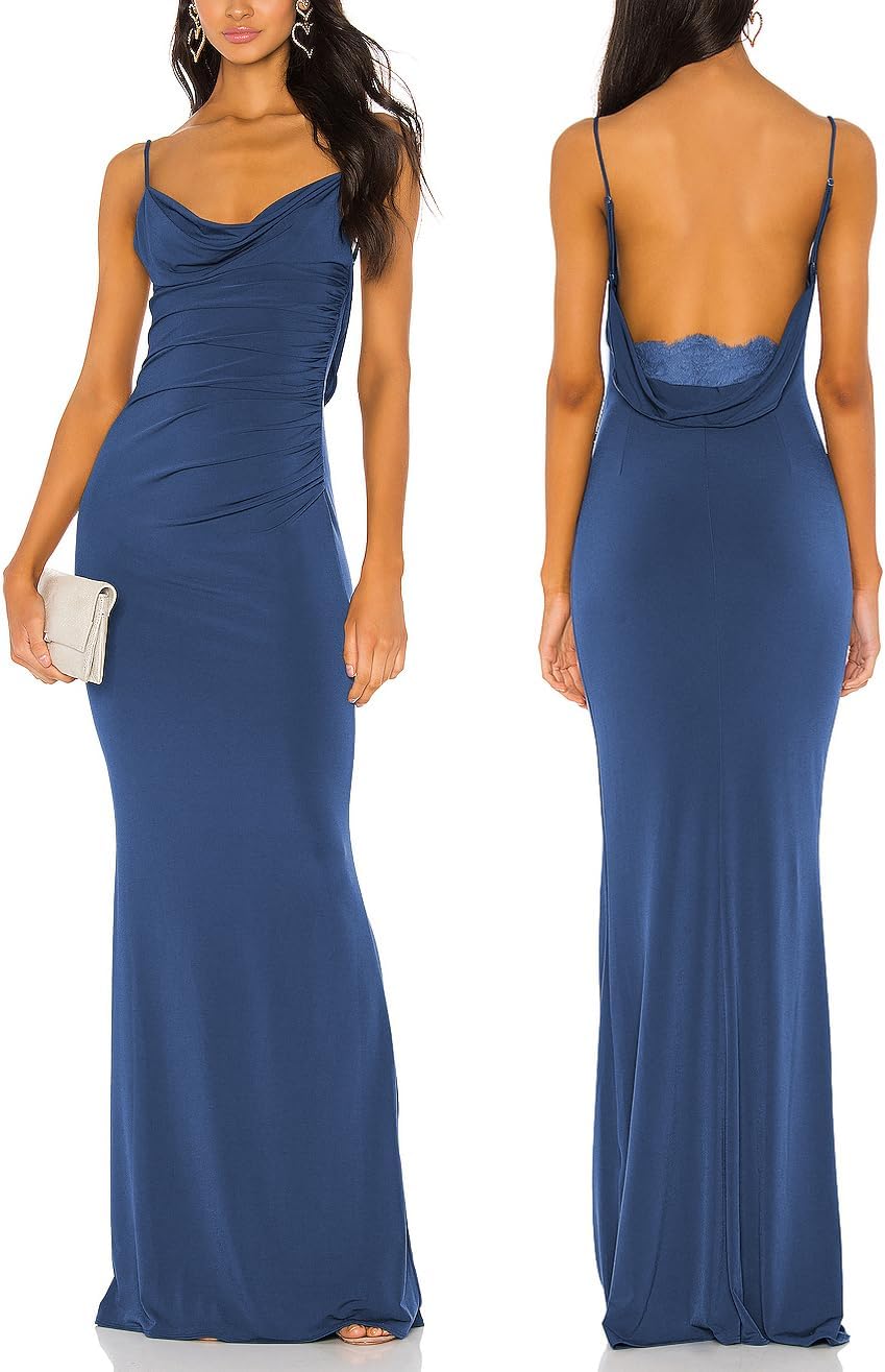 Aigeman Women Spaghetti Straps Mermaid Evening Gown Wedding Guest Dress Drape Neck Lace Backless Formal Maxi Dress 21