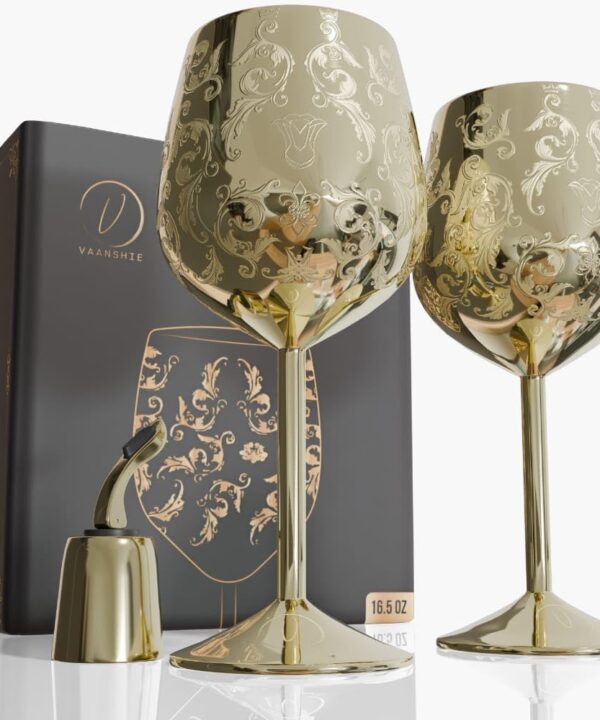 17oz Stainless Steel Wine Glasses [Set of 2]  Gold Royal Goblets with Baroque Engravings, Unbreakable Wine Cups with Bottle Stopper  Ideal for Mother's Day Gift