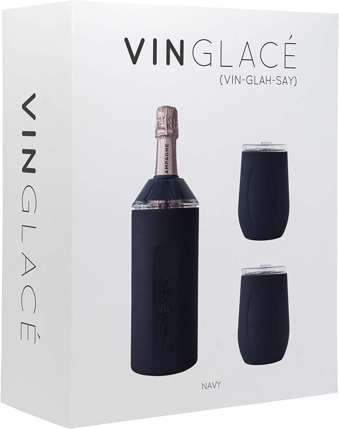 Vinglac Wine Bottle Chiller Gift Set- Portable Stainless Steel Wine Cooler with 2 Stemless Wine Glasses, Navy