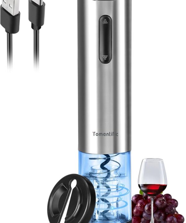 Electric Wine Opener Tomentific, Rechargeable Automatic Wine Corkscrew Bottle Opener With Foil Cutter, Type-C Charging Wine Openers With LED Light For Home Party Wedding Gifts (Stainless Steel)