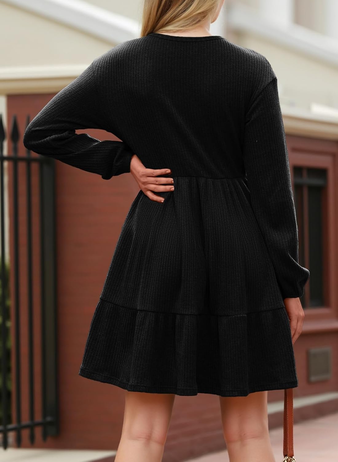 Dokotoo Fall Dresses for Women 2025 Long Sleeve V Neck Lightweight Ribbed Knit Empire Waist Casual A Line Swing Mini Dress