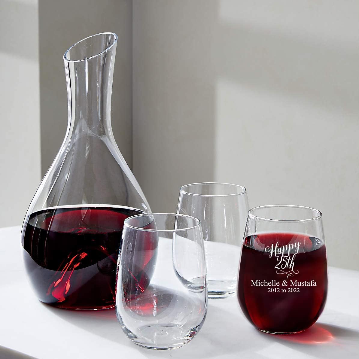 25th Anniversary Couple wine glasses, 20oz Etched Stemless Wine Glasses for Couples, Perfect Engagement Glasses,Bridal shower Gift