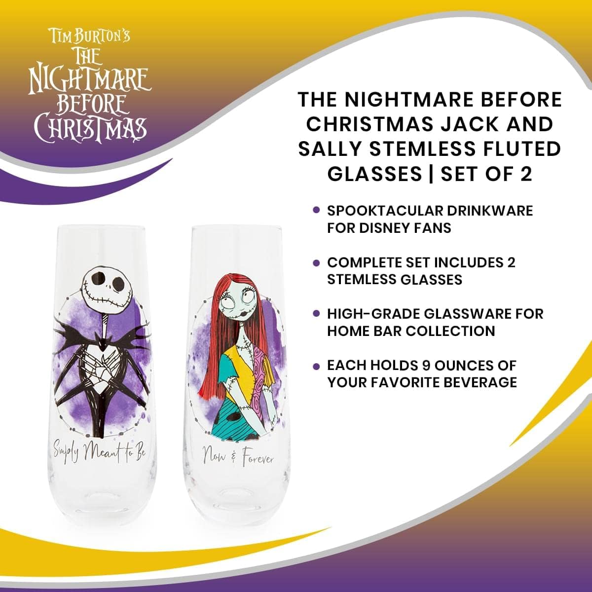 Nightmare Before Christmas Disney The Jack and Sally Stemless Fluted Glassware, Set of 2 | Toasting Champagne Glass Cups For Wine, Mimosas | Home Barware Decor, Kitchen Essentials, Housewarming Gifts