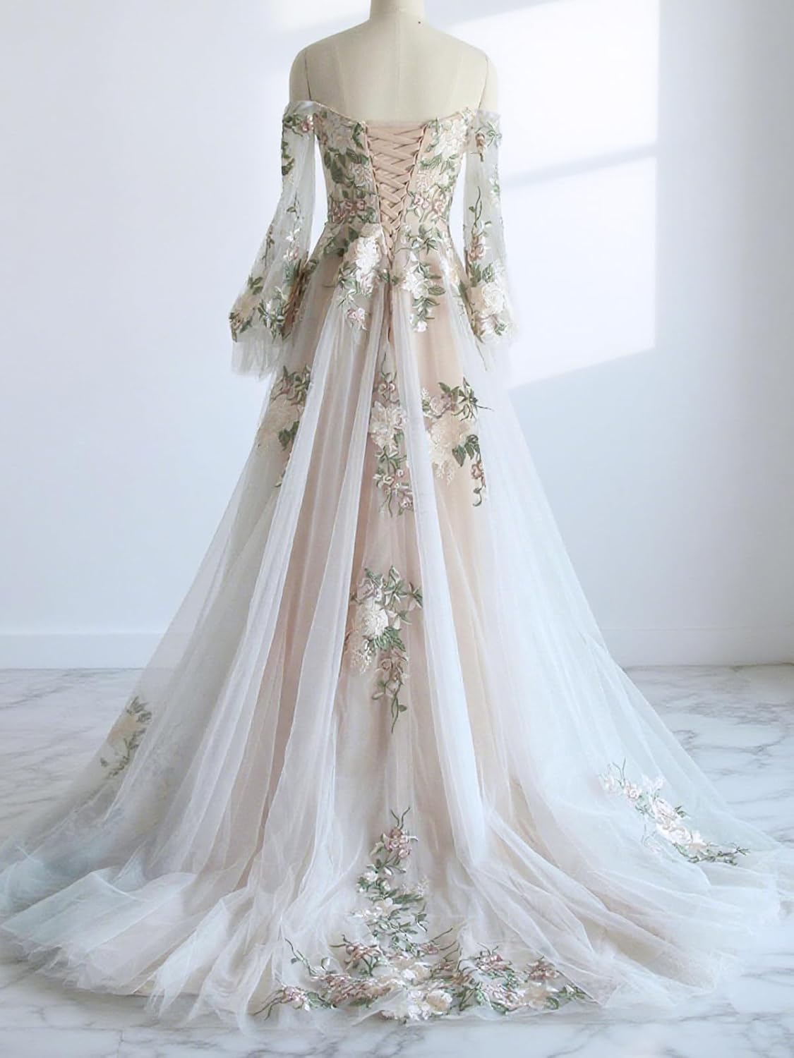 A Line Wedding Dresses for Bride 2025 Long Sleeves Floral Wedding Ball Gowns Off Shoulder Flowy Tulle Bridal Dress