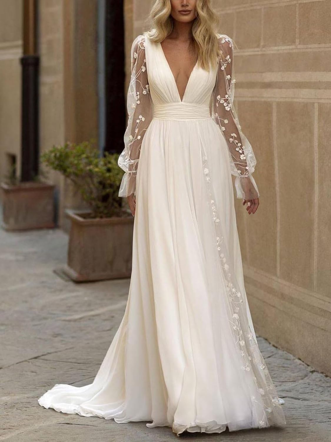 Long Sleeves Wedding Dresses for Bride Lace Chiffon A Line Long Beach Bridal Dress for Women