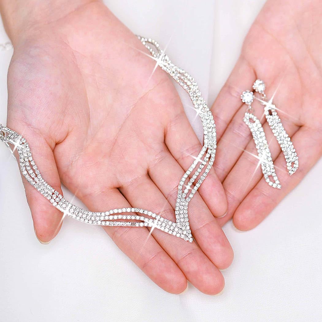 Unicra Wedding Jewelry Set Silver Rhinestone Necklace Earrings Set Prom Jewelry sets for Brides and Women
