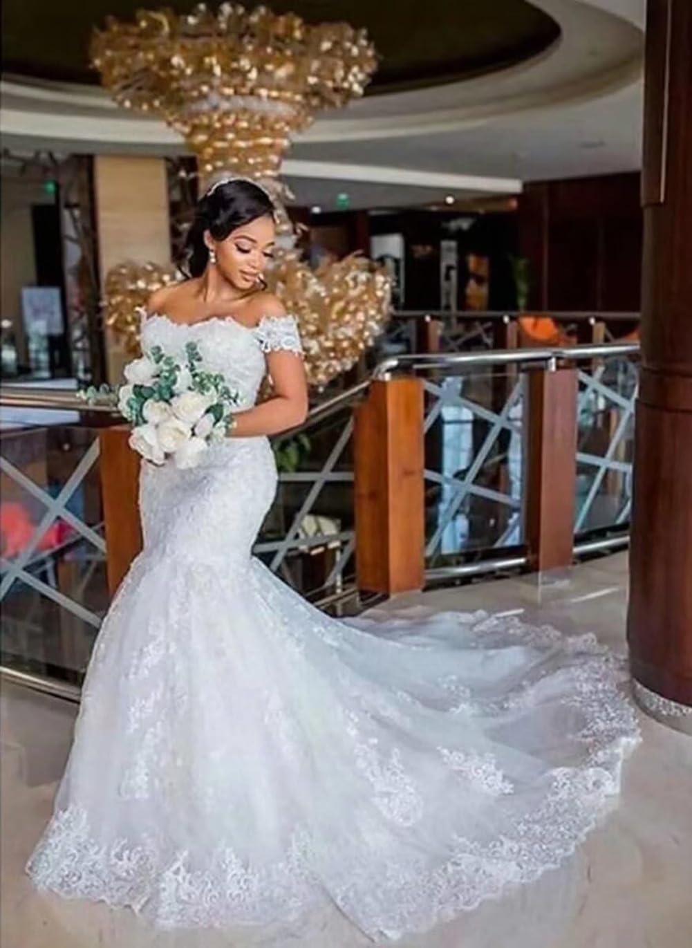 Fanciest Women’s Lace Mermaid Wedding Dresses for Bride Long Off Shoulder Bridal Gowns for Women