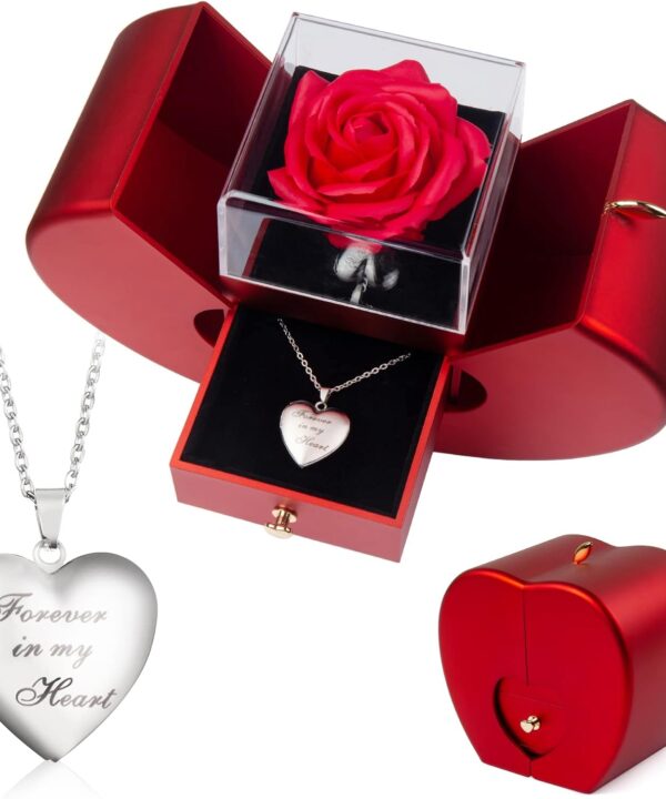 Forever Red Roses Heart Box to My Love Cherish These Preserved Roses with Custom Photo Necklace Eternal Flowers for Her Girlfriend Wife Mom Grandma