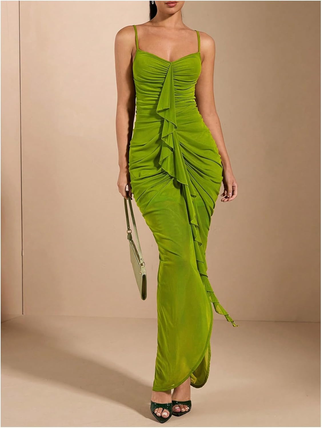 Floerns Womens Ruffle Ruched Cami Dress Draped Split Elegant Bodycon Maxi Dresses