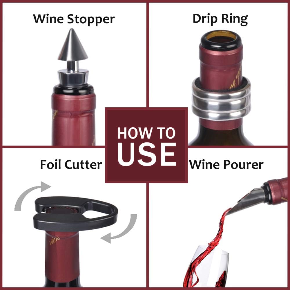 Wine Bottle Opener Gift Set – 5 Pcs Wine Corkscrew Screw pull Accessories for Game Winners Adults by Kato, Great Valentine’s Gifts, Silver