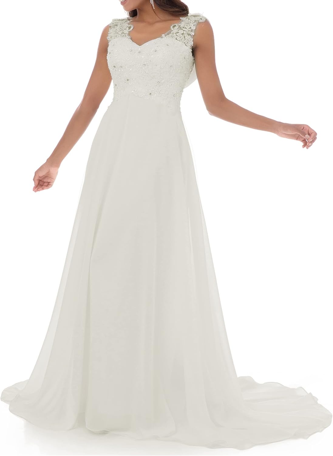 Abaowedding Women’s Wedding Dress Lace Double V-Neck Sleeveless Evening Dress