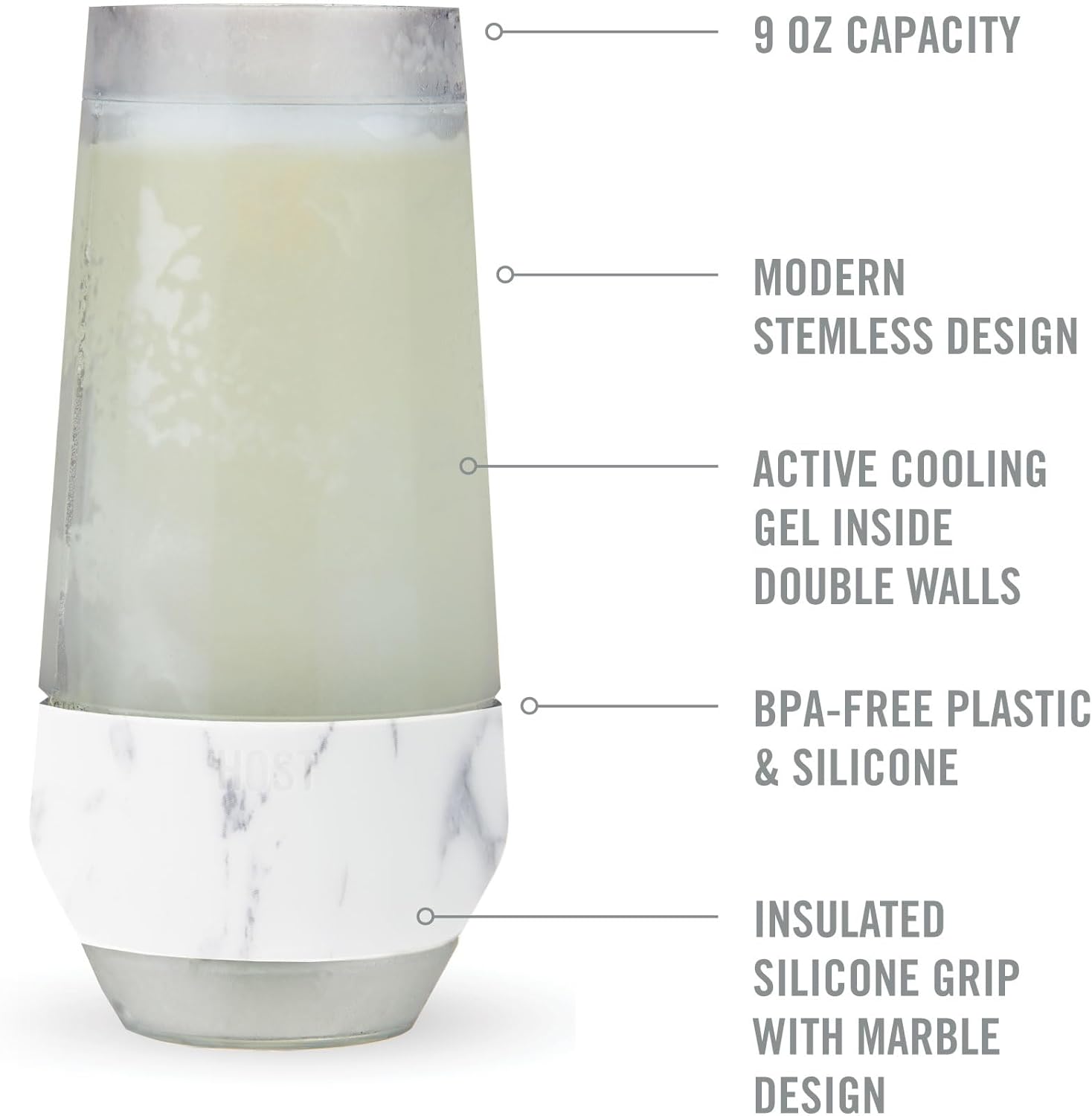 Host Champagne Freeze Stemless Chilling Wine Glasses, 9oz Set of 2, Freezer Cooling Cups, Insulated Flute Gifts for Women, For Mimosas, Prosecco and Bubbly, Marble