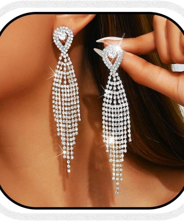 Unicra Long Tassel Rhinestone Earrings Silver Diamond Dangle Earrings Jewelry Sets Crystal Bridal Wedding Earrings Accessories for Women and Brides