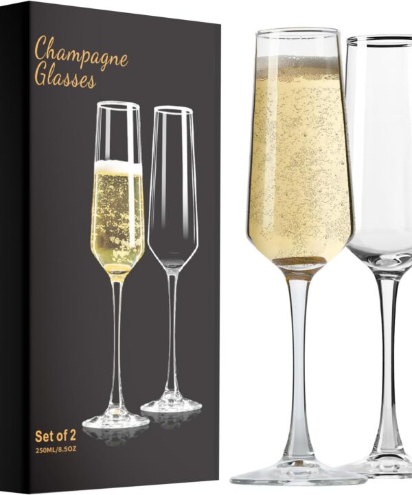 PARACITY Champagne Flutes, Champagne Glasses Set of 2, Elegant 8.5oz Glass Champagne Flutes, Gift for Birthday, Wedding, Christmas, Clear Sparkling Champagne Glasses for Women, Men