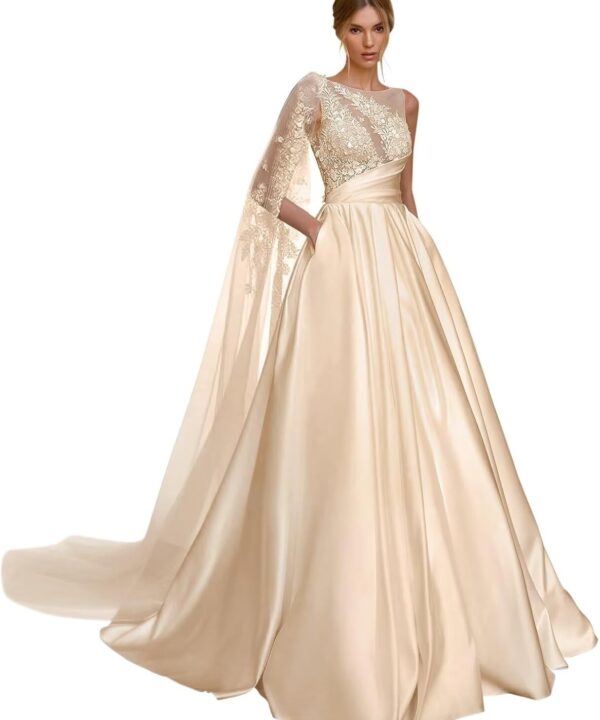 Zeeyecie Ruffle Satin Wedding Dresses 2025 A-Line Crew Neck Lace Applique Sequins Beads Sparkly Bridal Gown with Pockets