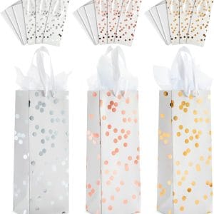 Sparkle and Bash Wine Gift Bags - Polka Dot Foil Style & Assorted Wine Bags for Gifts - Complete Wrapping Set with Tissue Paper & Ribbon Handles - Pack of 12-13.8x5x4 in - 3 Designs