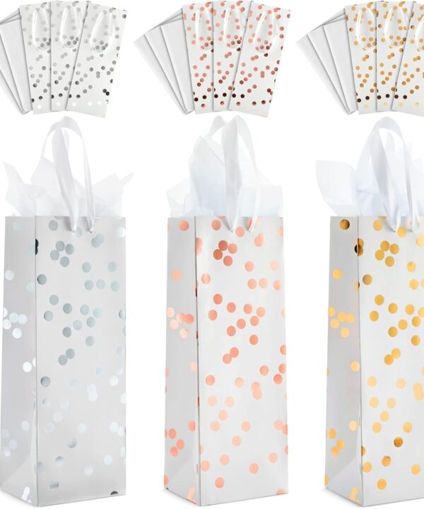 Sparkle and Bash Wine Gift Bags - Polka Dot Foil Style & Assorted Wine Bags for Gifts - Complete Wrapping Set with Tissue Paper & Ribbon Handles - Pack of 12-13.8x5x4 in - 3 Designs
