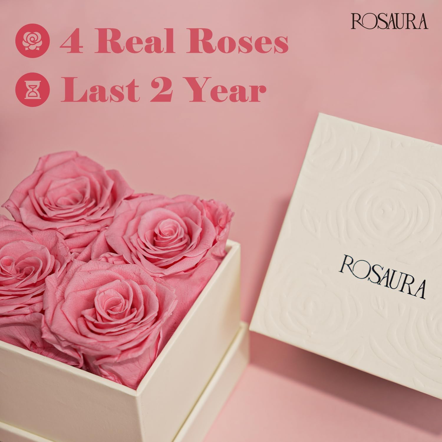 Rosaura 4-Piece Eternal Preserved Roses & Flowers Gift Box – Forever Lasting Real Roses, Preserved Flowers for Valentine’s Day Pink