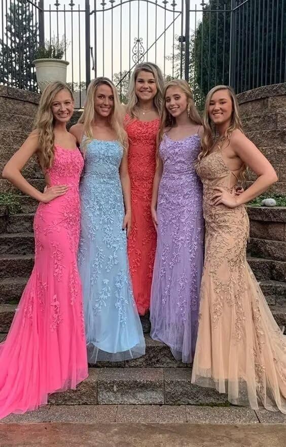 Mermaid Prom Dresses 2025 Spaghetti Straps Evening Gowns Lace Applique Floral Formal Dresses for Women