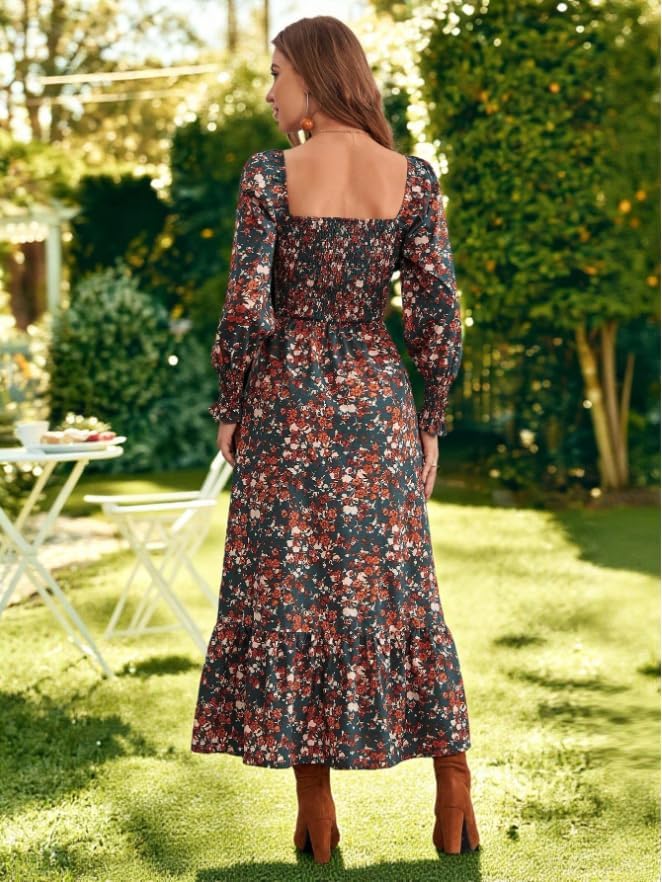 RWJ Women’s Plus Size Fall Dress Long Sleeve Square Neck Floral Print Smocked A Line Boho Flowy Maxi Dresses with Pockets